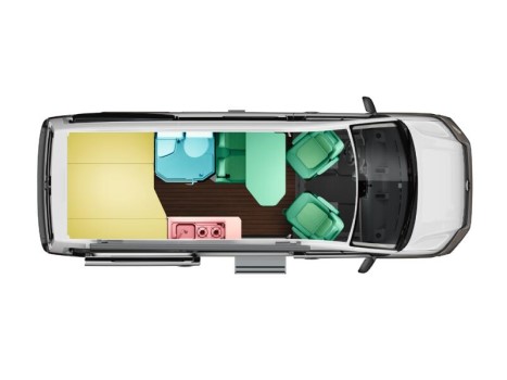 Der Blick von ob in den Grand California mit allen eingezeichneten Liege- & Sitzflächen